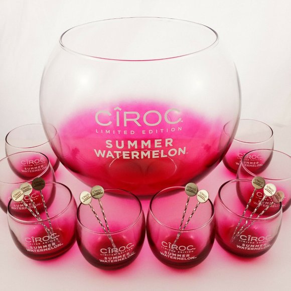 Ciroc LE Watermelon Glass Party Punch Bowl Set w 8 - Picture 1 of 10